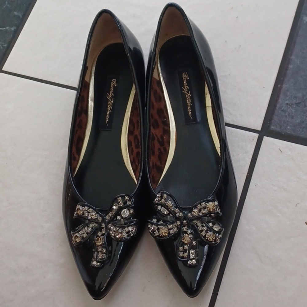 Beverly Feldman Patent Leather Flat Black Bow Rhinestone, Sz 8m, New